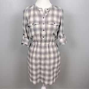 Broadway & Broome gray & ivory plaid roll tab sleeve dress, XS.